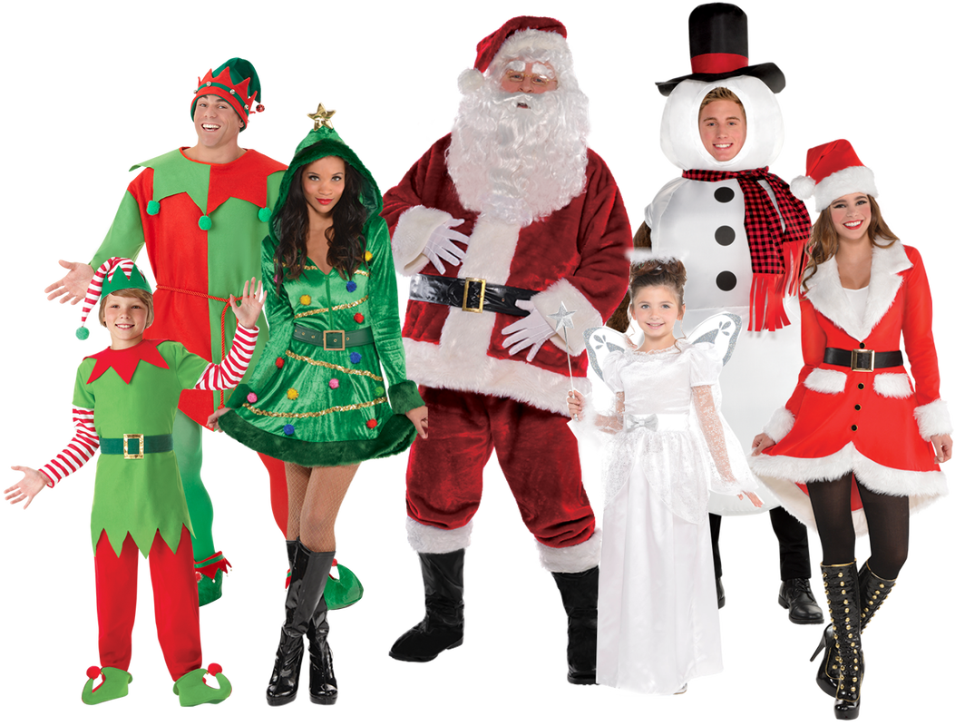 Group of Group of people in assorted Christmas costumes: Santa, Elves, Angel, Snowman & Tree